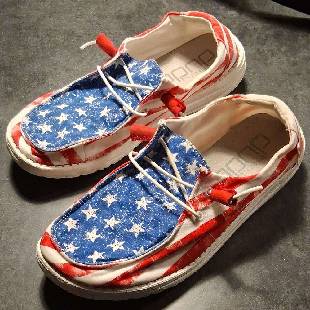Hey Dude Women's Starry Blue and Striped Red Flats